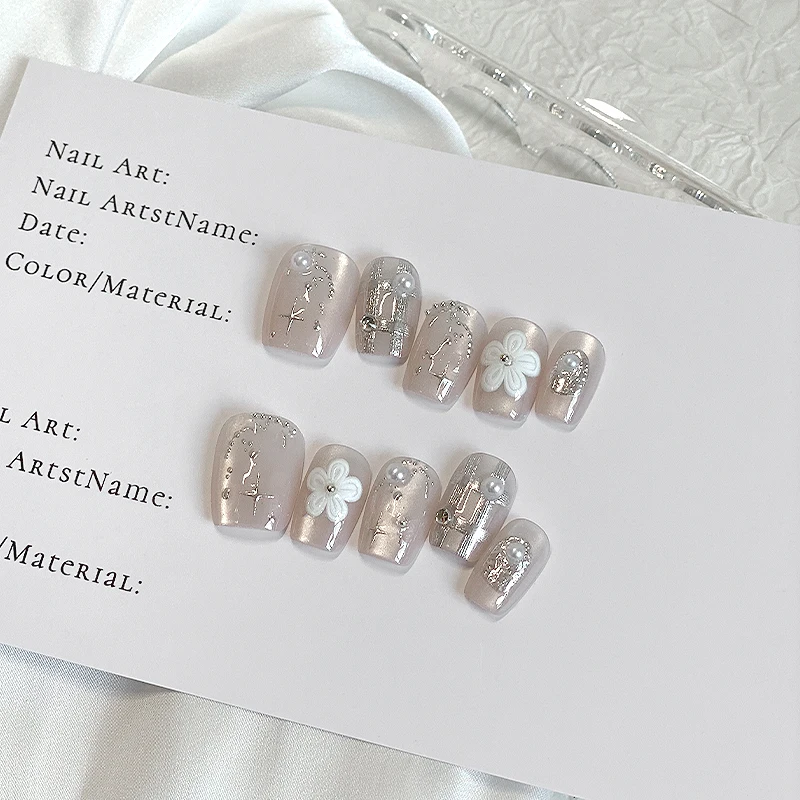 

10pcs pure hand pressed short square nail art, beautiful fake nails, nude cat eye flower nail art, suitable for women to use
