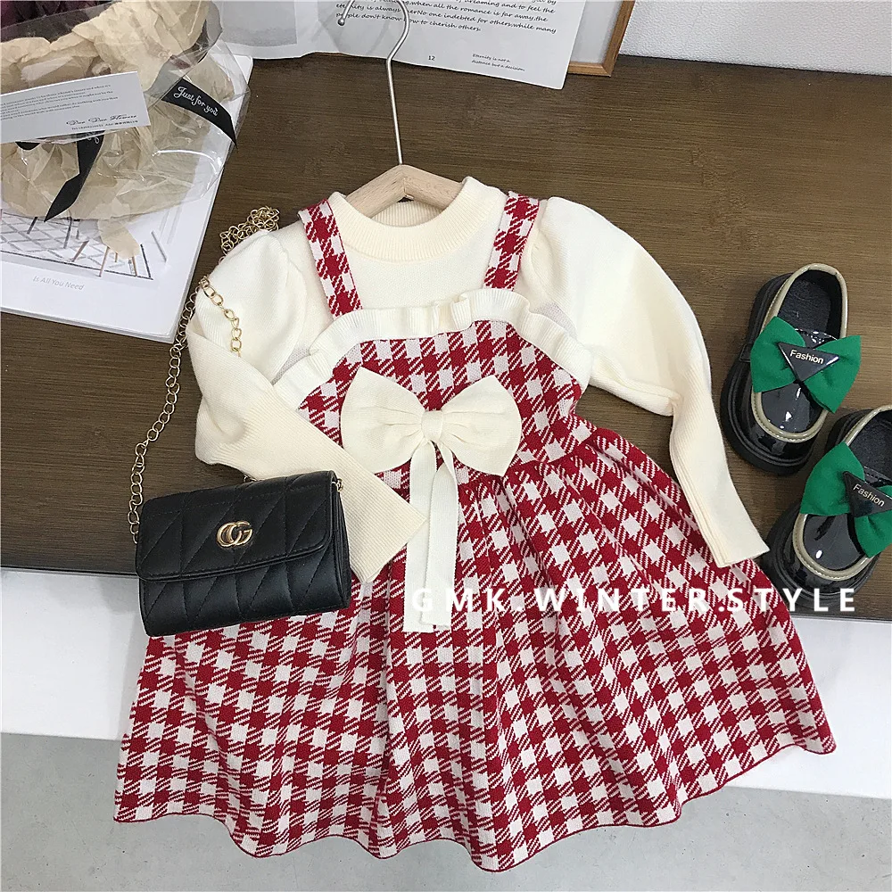 Girls Autumn Dress 2024 New Childrens Knitted Woolen Dress Childrens Baby Princess Dress Kids Clothes