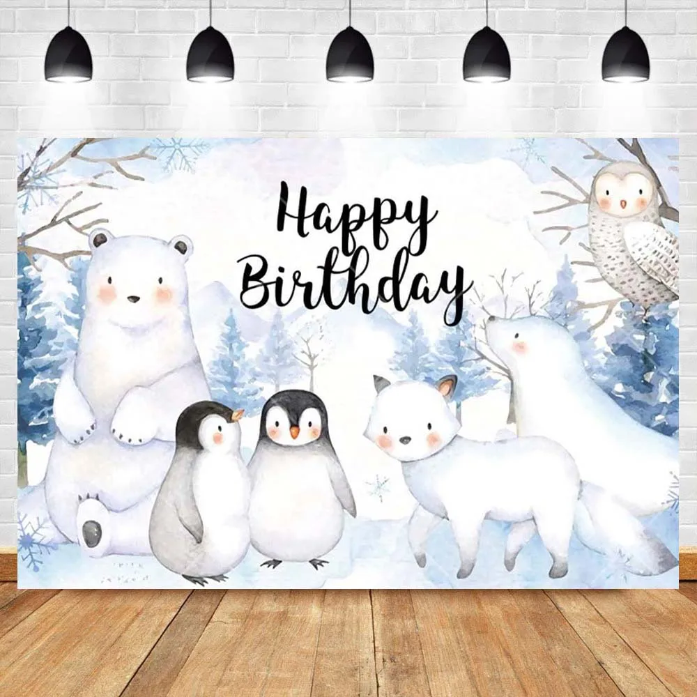 Winter Arctic Animals Kids Birthday Party Backdrop Custom Cartoon Polar Bear Penguin Decors Baby Shower Photography Backgrounds