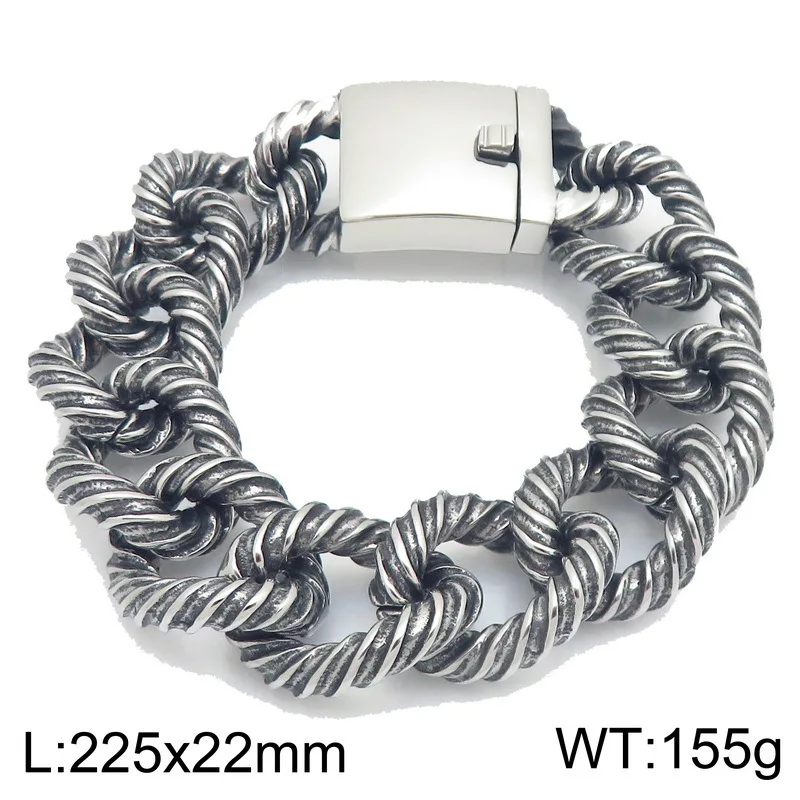 Powerful and fashionable twisted rope braid Cuban chain stainless steel men's Gothic style bracelet 22mm 8.8inch Heavy 155g