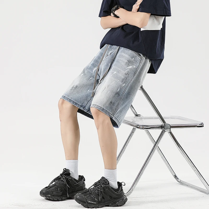 ฤดูร้อนผู้ชายRelaxed Fit Cargo Denimกางเกงขาสั้นStreetwear ElasticเอวHeavy-Duty Burnedล้างกลางความยาวกางเกงยีนส์สั้นกางเกง