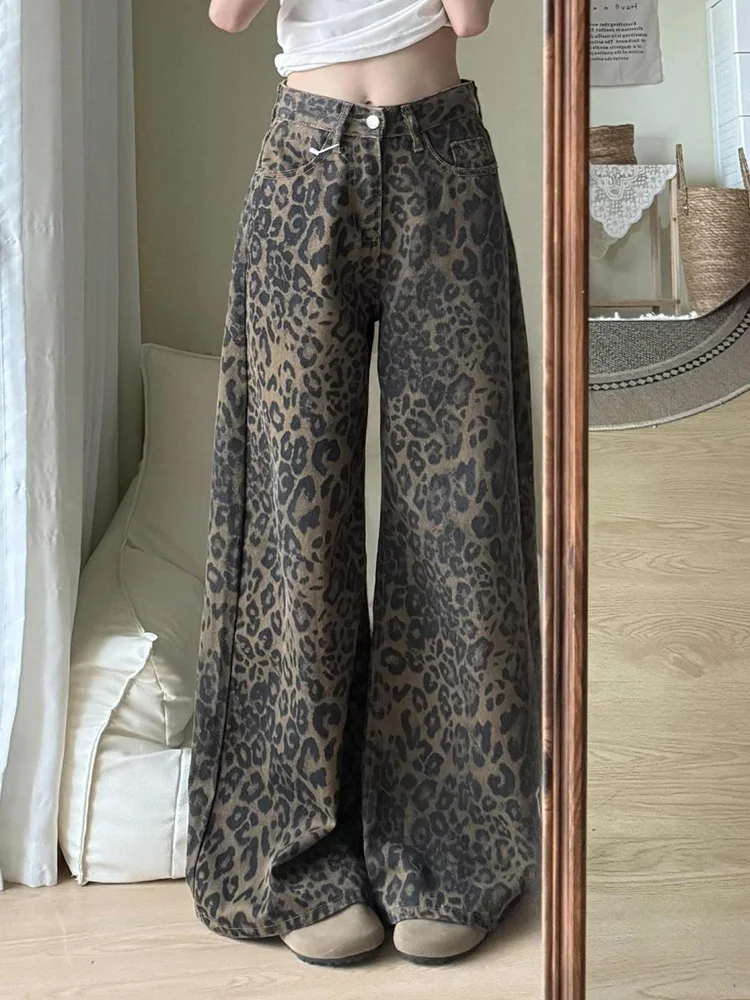 Spring Y2K Leopard Jeans Women High Waist Streetwear Retro Harajuku Denim Pants Hip Hop Casual American Vintage Loose Trousers