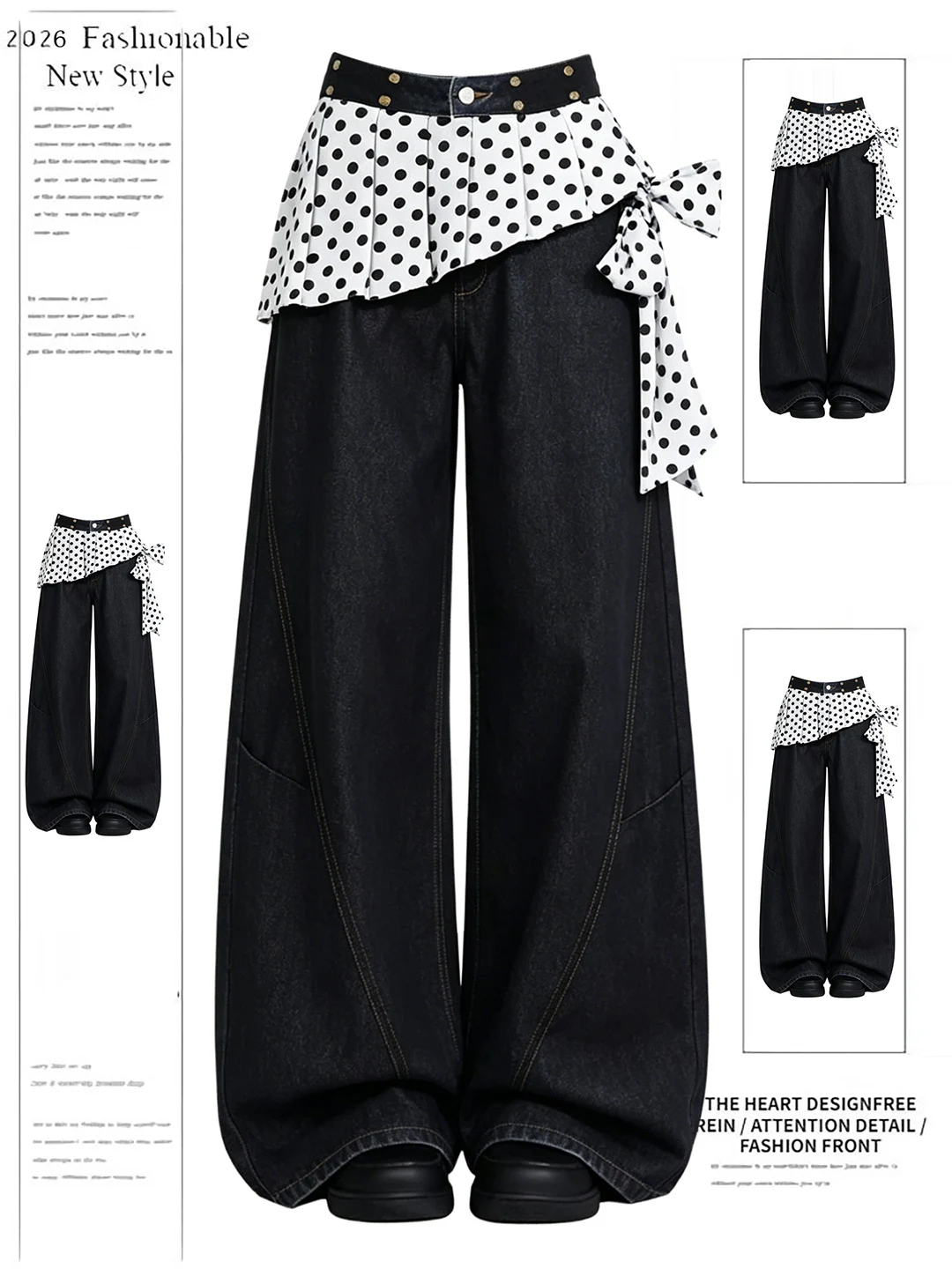 

American Polka Dot Belted Jeans Women Summer High Waist Black Straight Loose Casual Wide Leg Pants Asymmetrical Hem