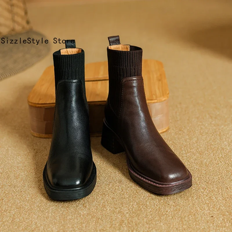Frühling und Herbst Einfarbig Einfache Leder Quadratischen Kopf Nähte Textil Bequeme Dicke Ferse Kurze Stiefel für Frauen