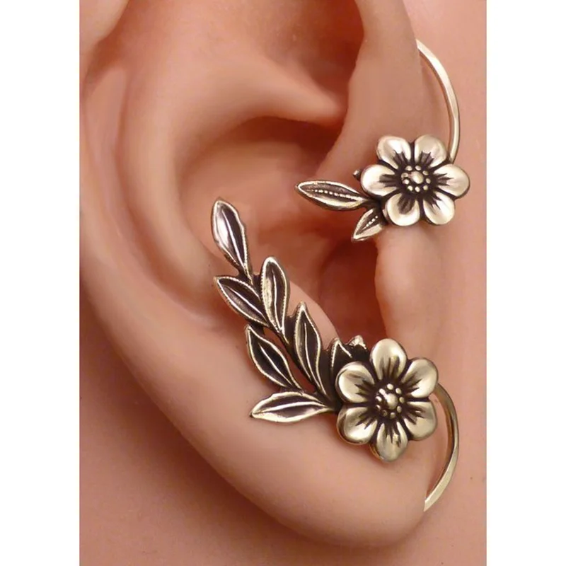 

1 Pair Silver Color Leaf Flower Ear Cuff Wrap For Women Asymmetric Design Stud Earrings Ear Clips Wedding Jewelry Free Shipping