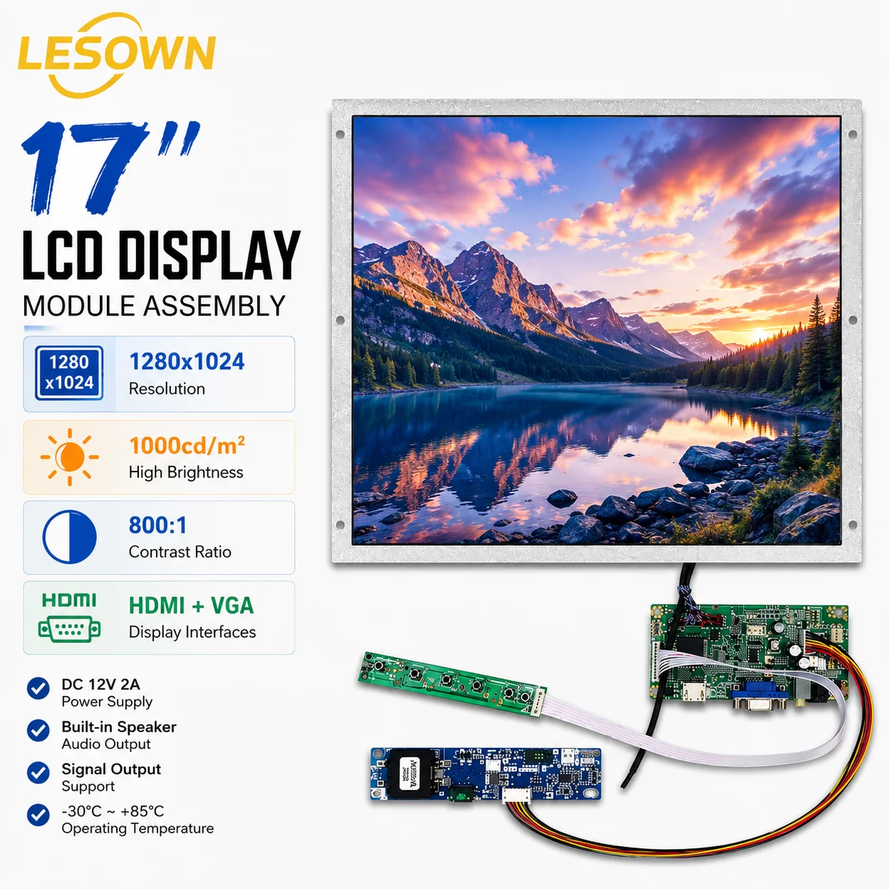 LESOWN 17inch Sunlight Readable LCD Matrix 1280x1024 Module Plug and Play HDTV VGA Controller Component with Inverter Board