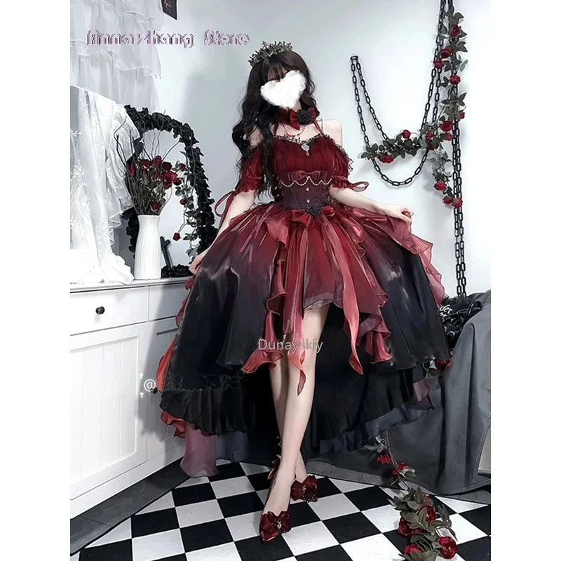 Dark bride red flower wedding dress cos lolita dress suit Lolita heavy industry Trail puffy princess dress, Lolita cosplay