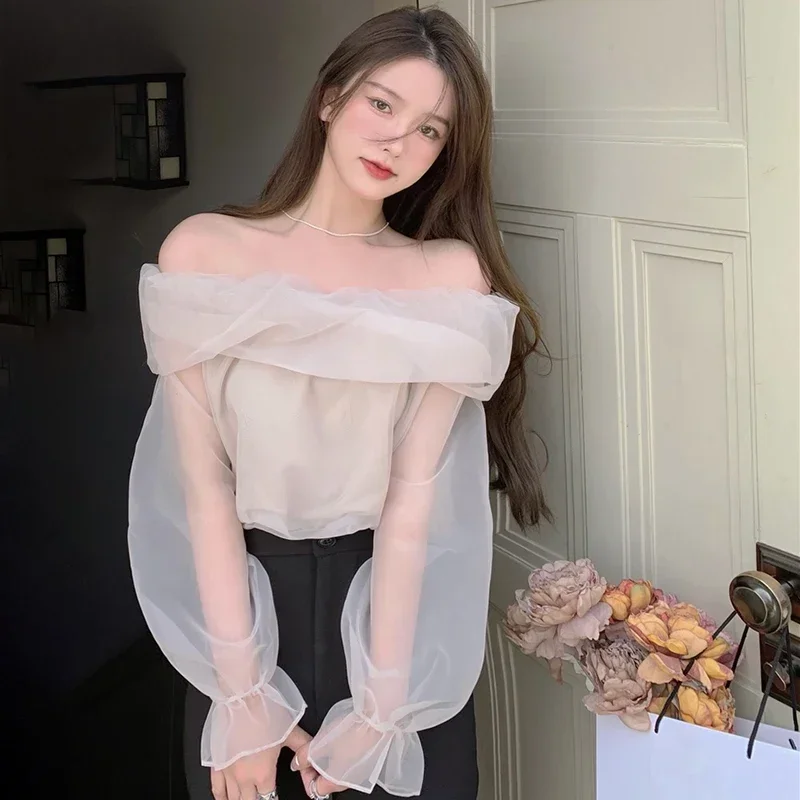 Puff Sleeve Off Shoulder Blouse Women Shirt Niche Sweet Fairy Crop Tops Chic Exposed Collarbone Sexy Blouse Long Top