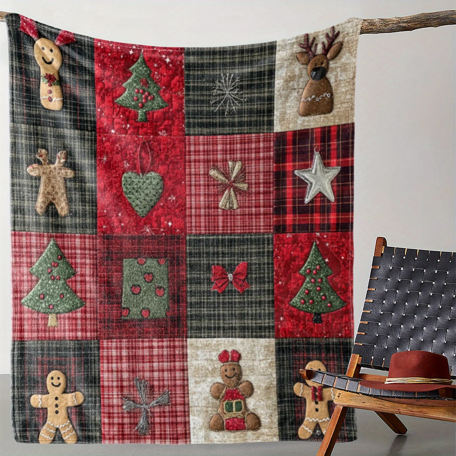 Vintage Plaid Christmas Star Gingerbread for Man Bowknot Tree Flower Printed Blanket Soft and Warm for Sofa Bed Car Office