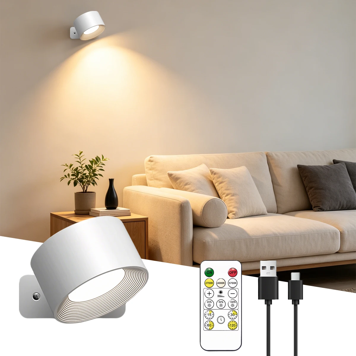 Kabellose Wiederaufladbare Magnetische LED-Wandleuchte mit Fernbedienung, Dimmbar mit Timer-Funktion 360° °   Drehbare Augenschonende Leselampe Bohrfreie Montage Nachtlicht für Schlafzimmer Treppe