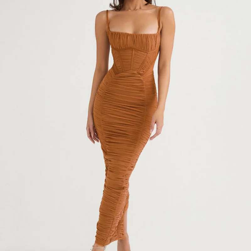 Riemen Kleid neue Damenmode ärmellosen Reiß verschluss Herbst sexy würzige Mädchen offenen Rücken engen Stil Taille falten langes Kleid