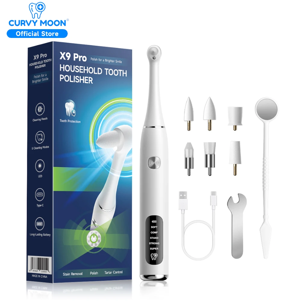 Electric Tooth Polisher Teeth Whitening Toothbrush 5 Speed Modes with 6 Brush Heads LED Light Plaque Dental Tartar Remover Tool