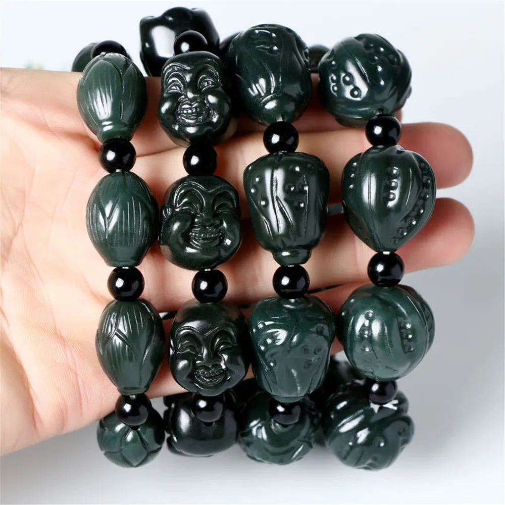 Natural Hetian Qingyu Buddha head beads Jade Bracelet Jewelry Fine Jewelry Lucky Safety Auspicious Amulet Jade Bracelet