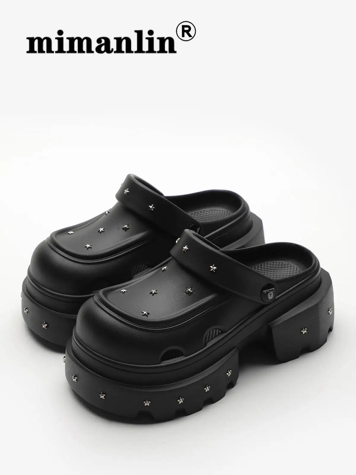 

2025 New Summer Women's Star Patterned Punk Sandals Elevated Heel Anti Slip Black Viral Thick Soled Hole Shoes