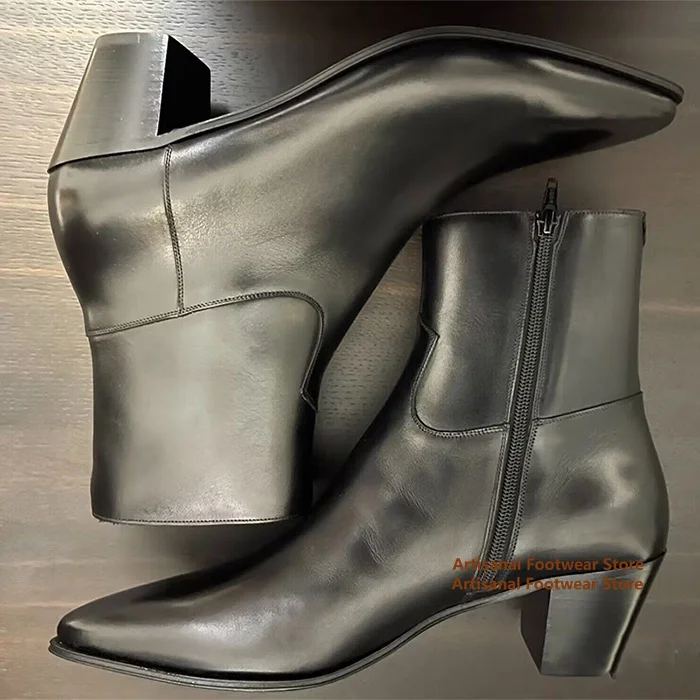 

Pointy Toe Chelsea Boots for Men Height Increasing Side Zipper Black Leather Boots Handmade Designer British Style Men Boots