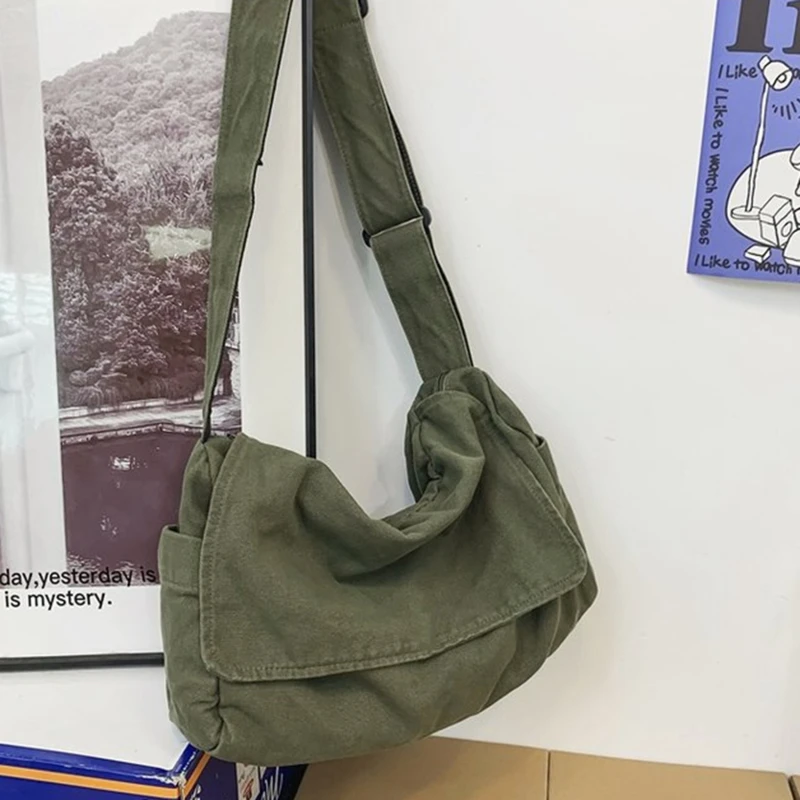 Female Canvas Fabric Soft Slouchy Shoulder Bag Y2K Student Leisure Medium Size School Book Laptop Pouch Messenger Side Bag