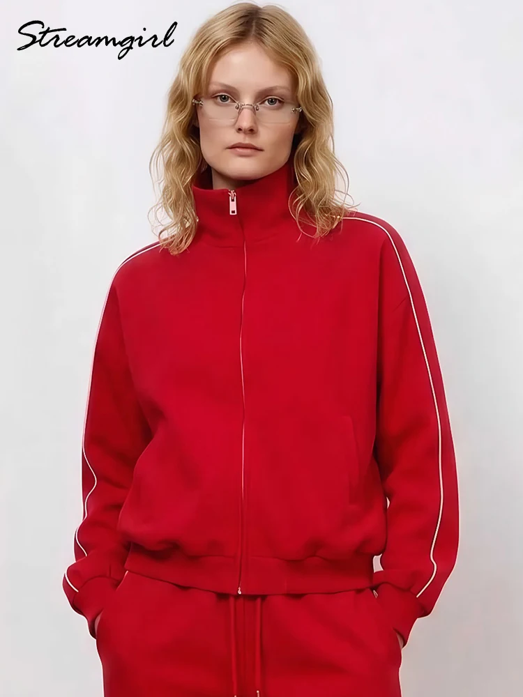 Autumn Zipper Oversize Sweatshirts Women No Hoodie Cotton Red Outdoor Sport Zipper Jackets Women Stand Collar Blue Sweatshirts