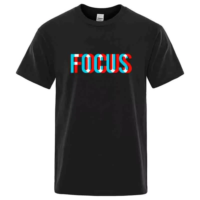 FOCUS 3D Glitch Text Graphic T‑Shirt Men Women Short Sleeve Casual Inspirational Letter Print Streetwear Crew Neck Tee