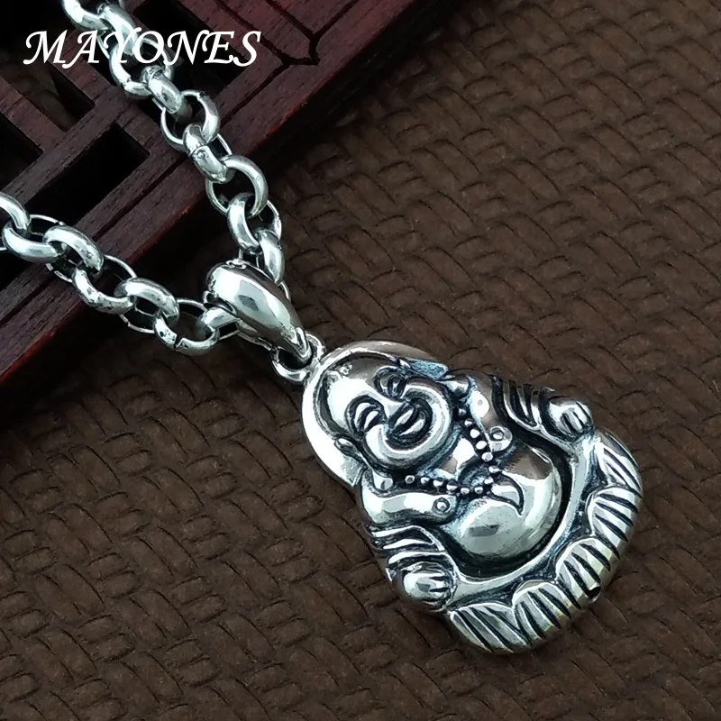 Collier de perles de bouddha Maitreya thaïlandais vintage pour hommes et femmes, bijoux en argent pur 925, pendentif, amulette