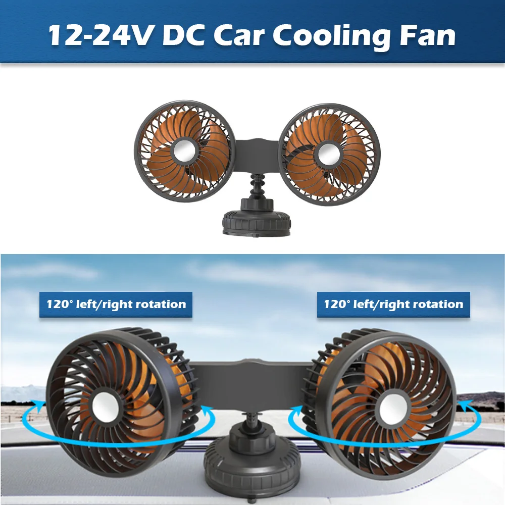 5V USB 12-24V Automobile Fan Cooling Circulation 360 Degree Rotation Mini Dual Head Charging Electric Car Fan 3 Speed Adjustable