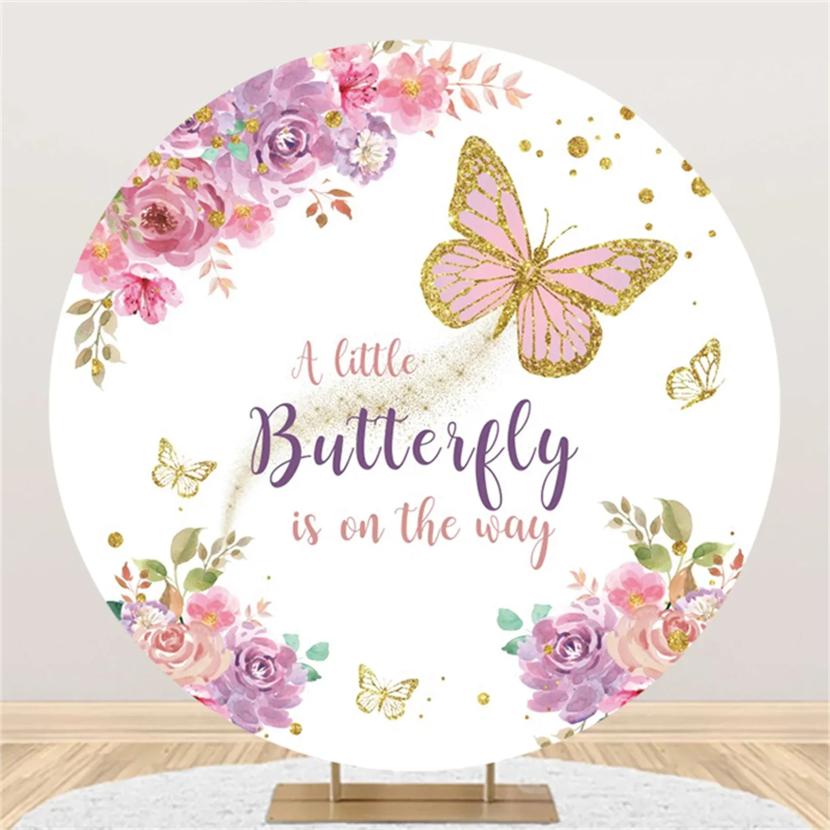 Tableclothsfactory Butterfly Round Backdrop Cover for Photography Pink Flower Princess Girl\'s Circle Happy Birthday Party Banner