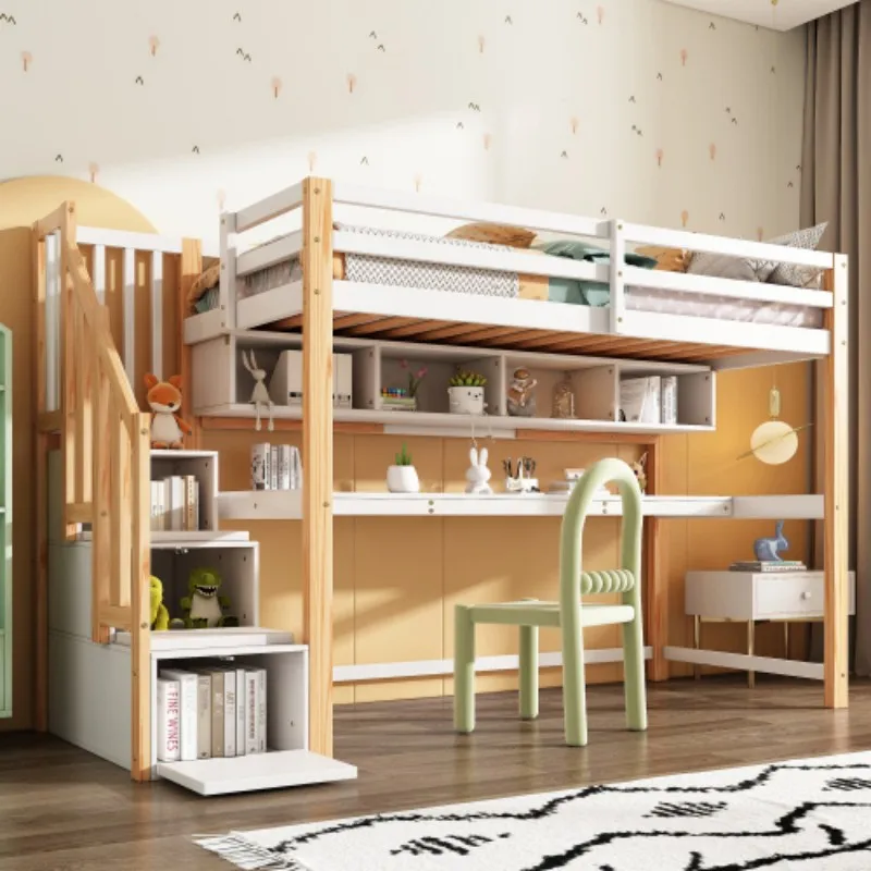 Wood House Bunk Bed,children’s loft bed with storage stairs,made of pine wood,large desk and shelves,slatted frame,white+natural
