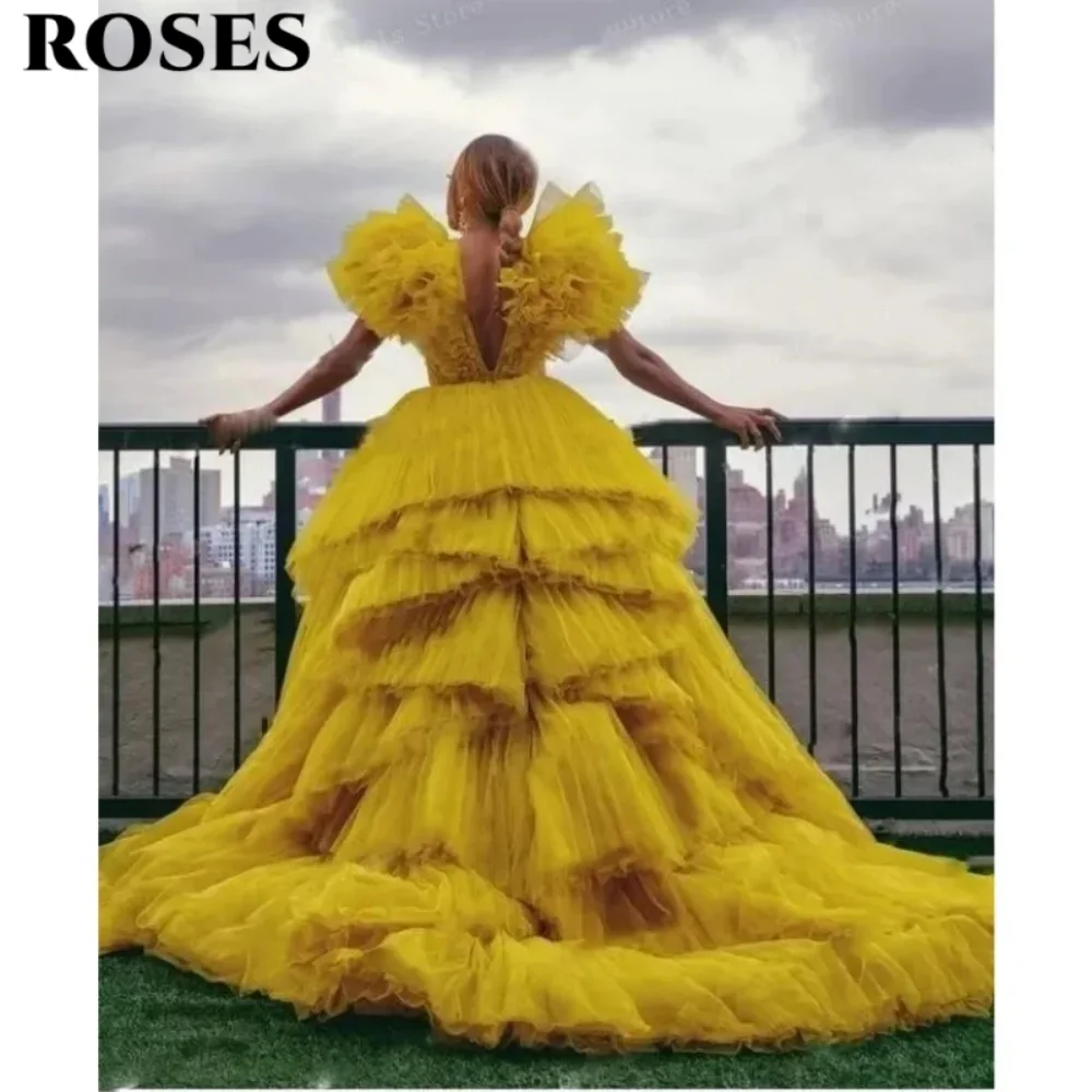 ROSES Yellow Fashion Prom Dress Deep V Neck High Low Special Occasion Party Dresses Backless Sexy Tiered Tulle Long Prom Gown