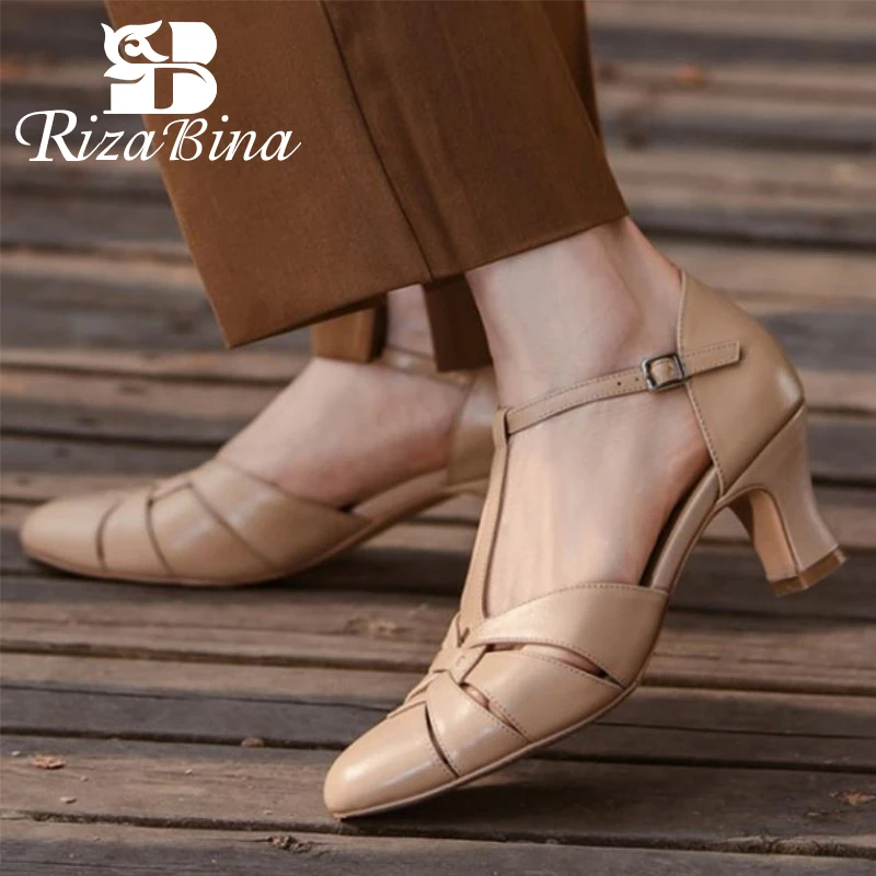 RizaBina Sandals Women Real Leather T Strap Thick High Heels Dress Party Shoes Women For Summer Fashion Footwear Size 34-39