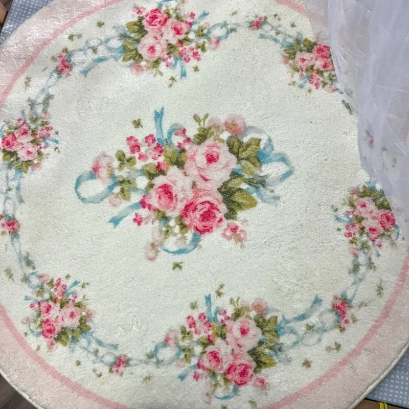 Round Retro Rose Carpet Soft Plush Bedroom Rug Living Room Desk Carpet French Exquisite Home Decoration Pink Pastoral Floor Mat