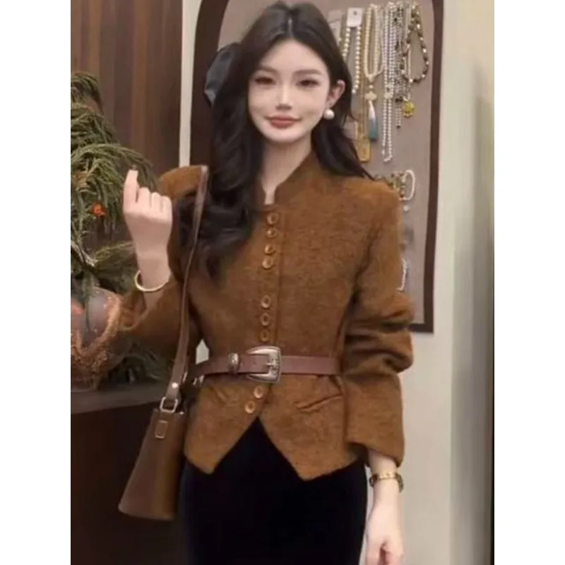 Coffee Short Coat for Women' High-end Fashionable Foreign Style Age-reducing Celebrity Unique Super Good-looking Waist Pinch Top