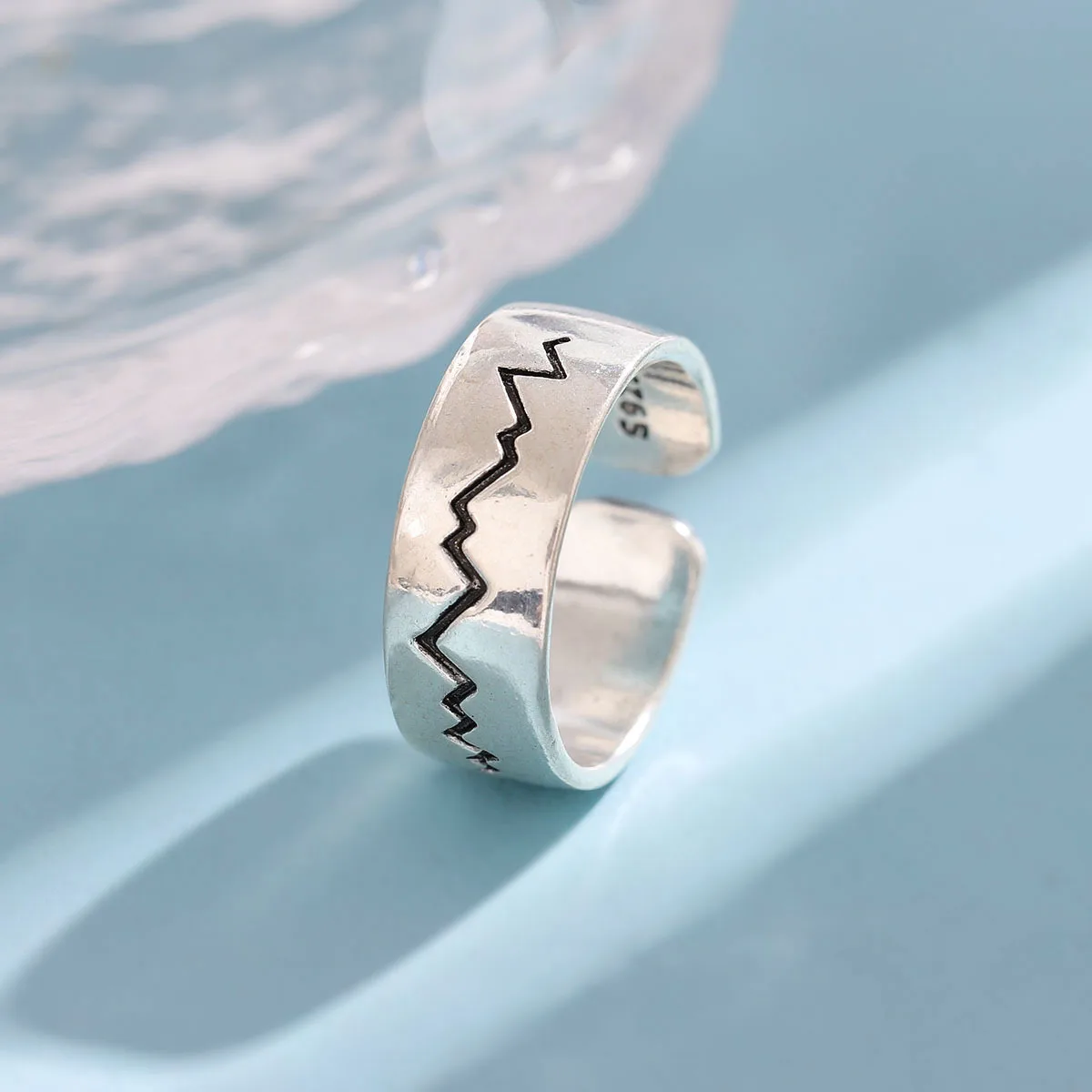 New Fashion Wave Texture Smooth 925 Sterling Silver Jewelry Personality Electrocardiogram Shaped Opening Rings R276