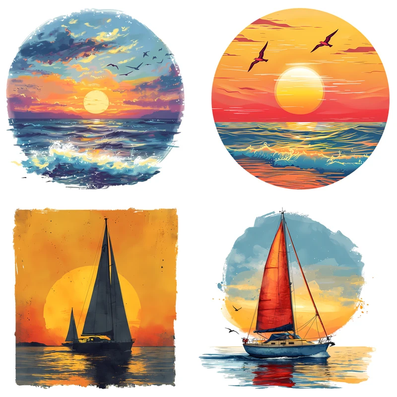 24cm outdoor Ocean Sun Sailboat Vacation leisure fashion clothing decal DTF heat transfer patch DIY clothing accessory stickers