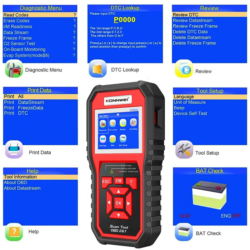 Picture 6: 2026 KONNWEI KW850 Auto Professional Car Battery Diagnostic Tools OBD 2 Check Engine Check Automotive Code Readers OBD2 Scanner