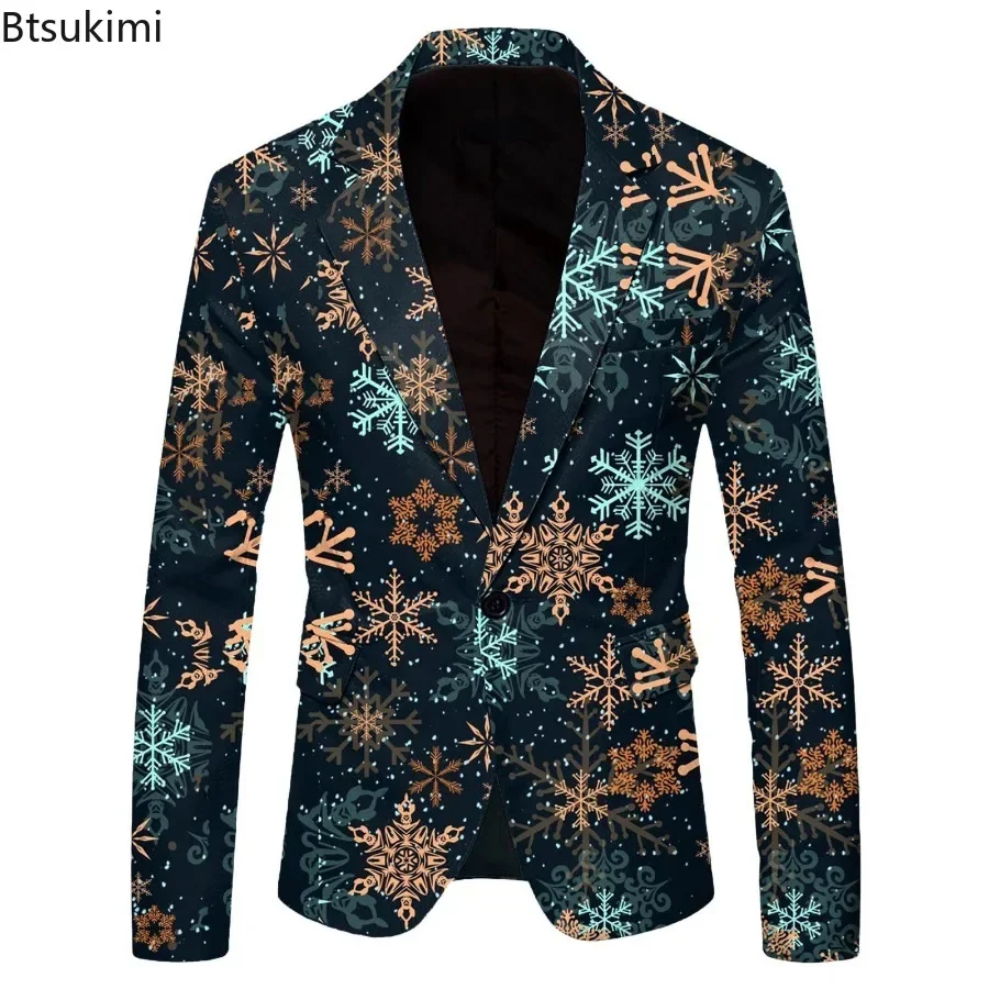 New 2024 Men\'s Blazer Jacket 3D Print Lapel Single Button Jackets Suits Chic Christmas Evening Party Suits Men Festival Blazer