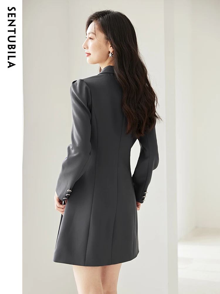 SENTUBILA Patchwork Pleated Blazer Dress for Women 2024 Spring Office Ladies Work Wear Button Down Front Notched Elegant Dresse