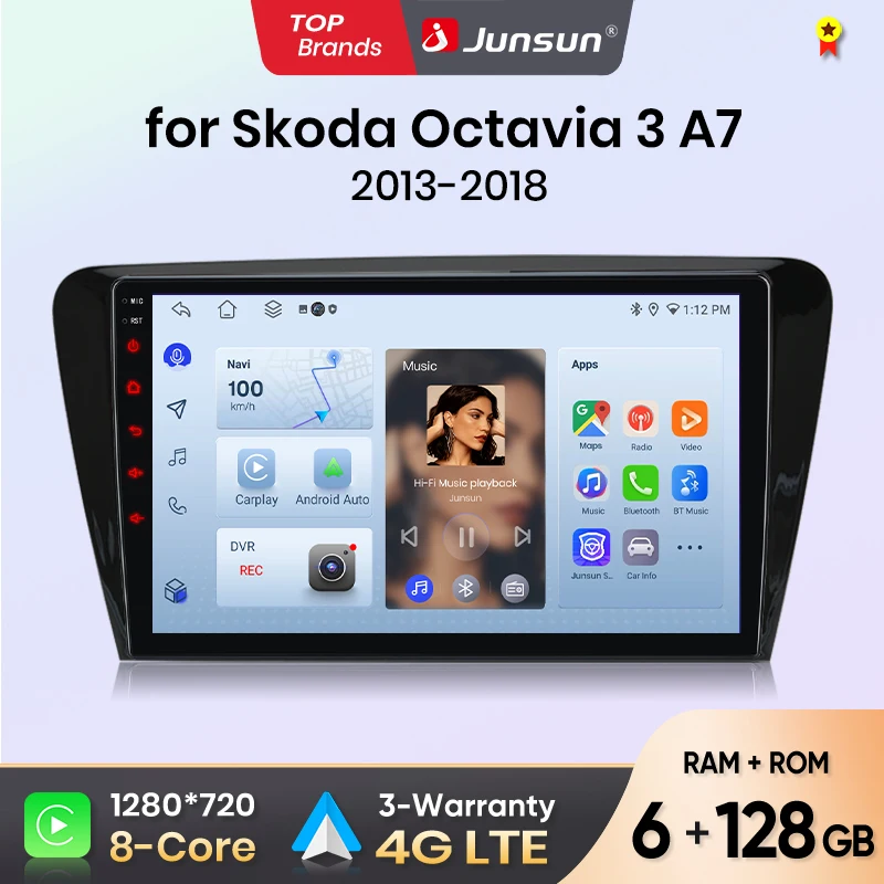 Autoradio Junsun pour SKODA Octavia 3 A7 2013 2014 2015-2018 CarPlay Android Auto FM RDS DSP BT GPS Navi SWC Écran tactile HD IPS Plug & Play Lecteur multimédia Appel mains libres Style voiture d'origine Unité centrale