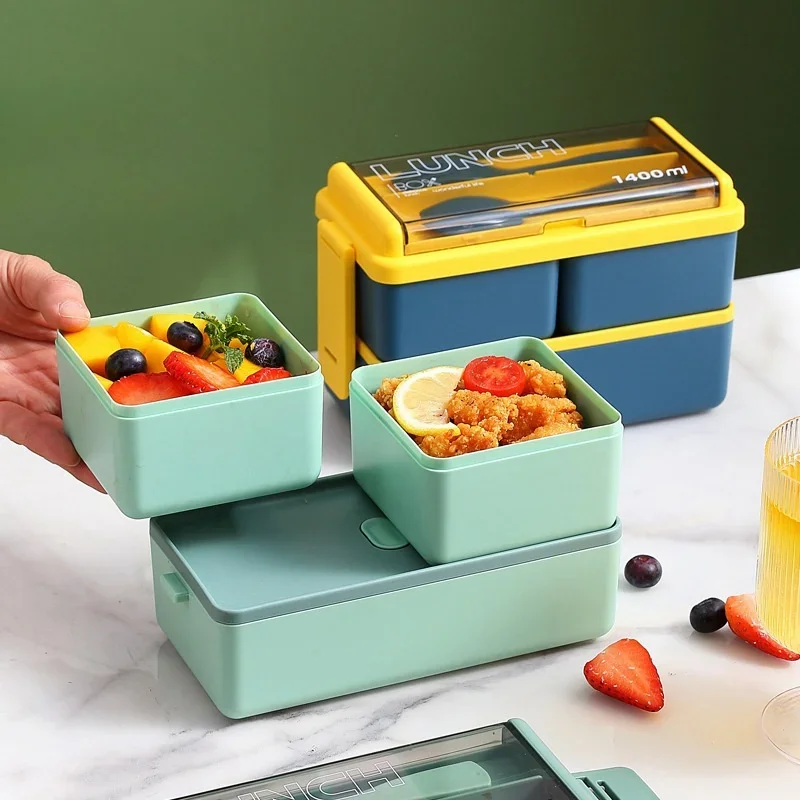 

Double Layer Portable Lunch Box For Kids With Fork and Spoon Microwave Bento Boxes Dinnerware Set Food Storage Container