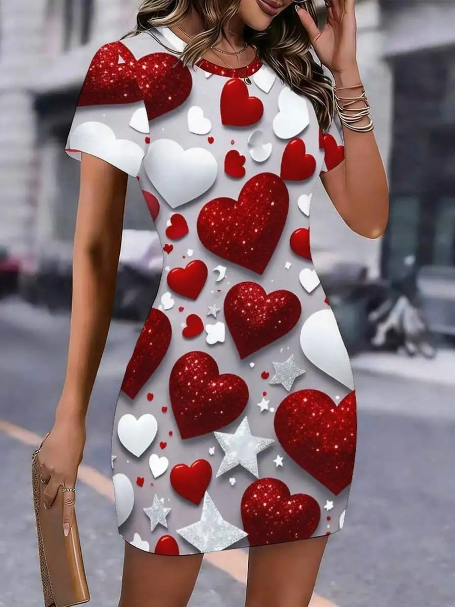 

Womens Bodycon Dress With All Over Heart Print Valentines Day Elegant Sexy Dress