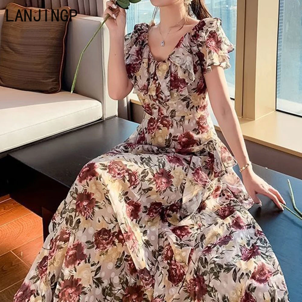

Long dress women's summer 2025 new women's clothing floral dress short-sleeved V-neck waist thin skirt long