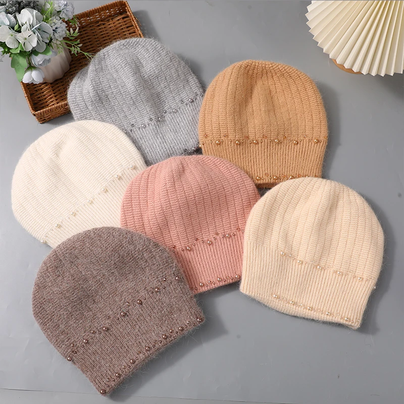 CNTANG 2024 Winter Fashion Knitted Hat Women Warm Angora Rabbit Fur Hats Beanies Ladies Pearl With Diamond Luxury Designer Cap