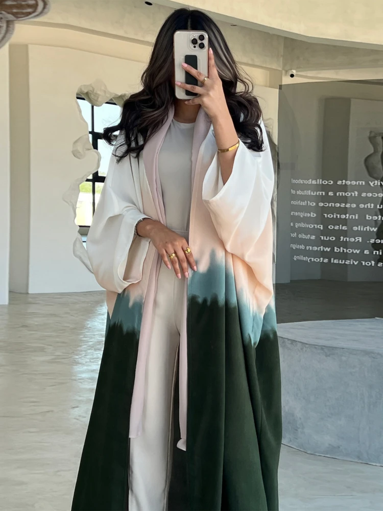 Eid Muslim Abaya Women 2 Piece Set with Inner Dress Tie Dye Print Cardigan Ramadan Abayas Kaftan Dubai Long Robe Vestidos Largo