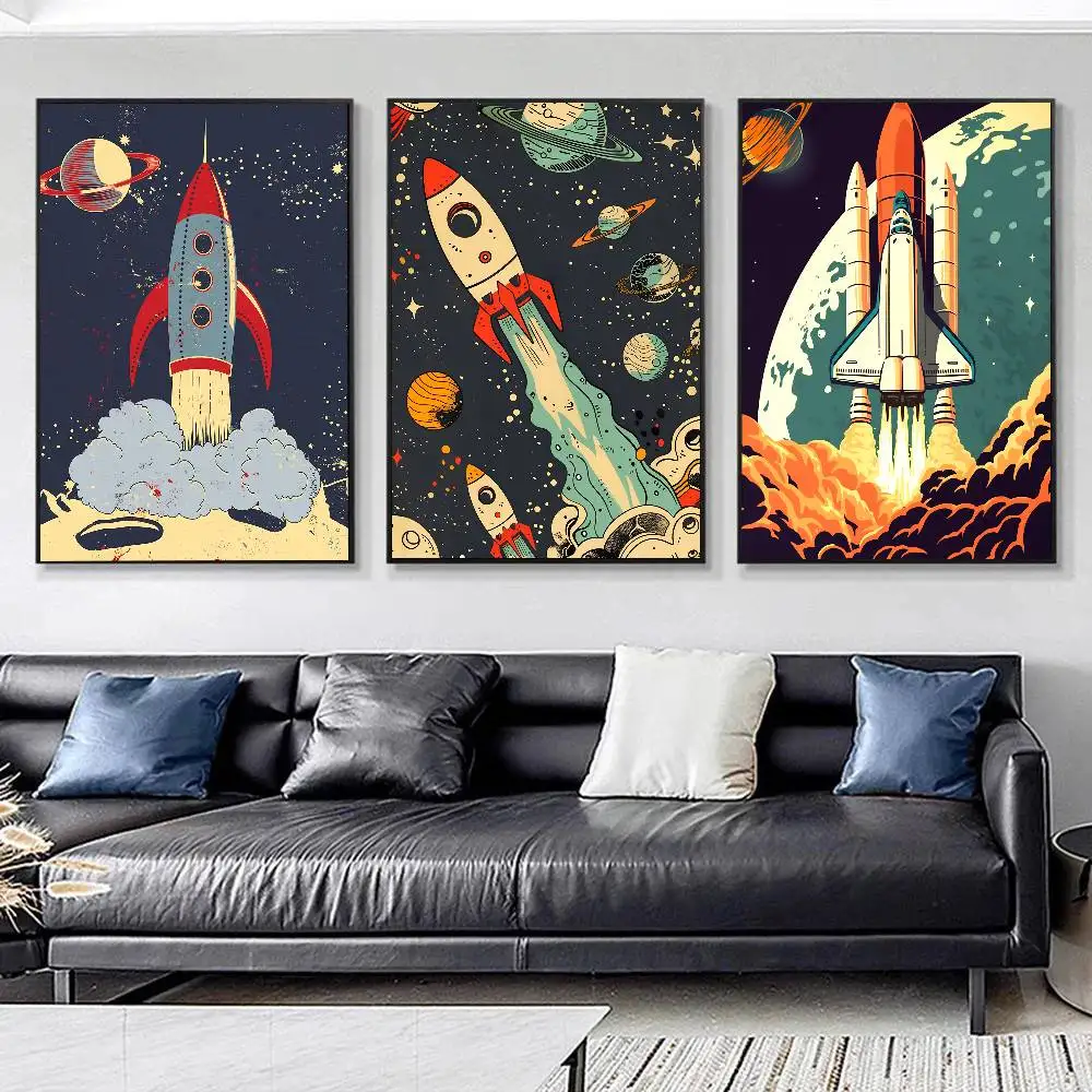 Cartoon Simple Drawing Of Rocket Posters HD Print Vintage Wall Art Decor for Home Study Room