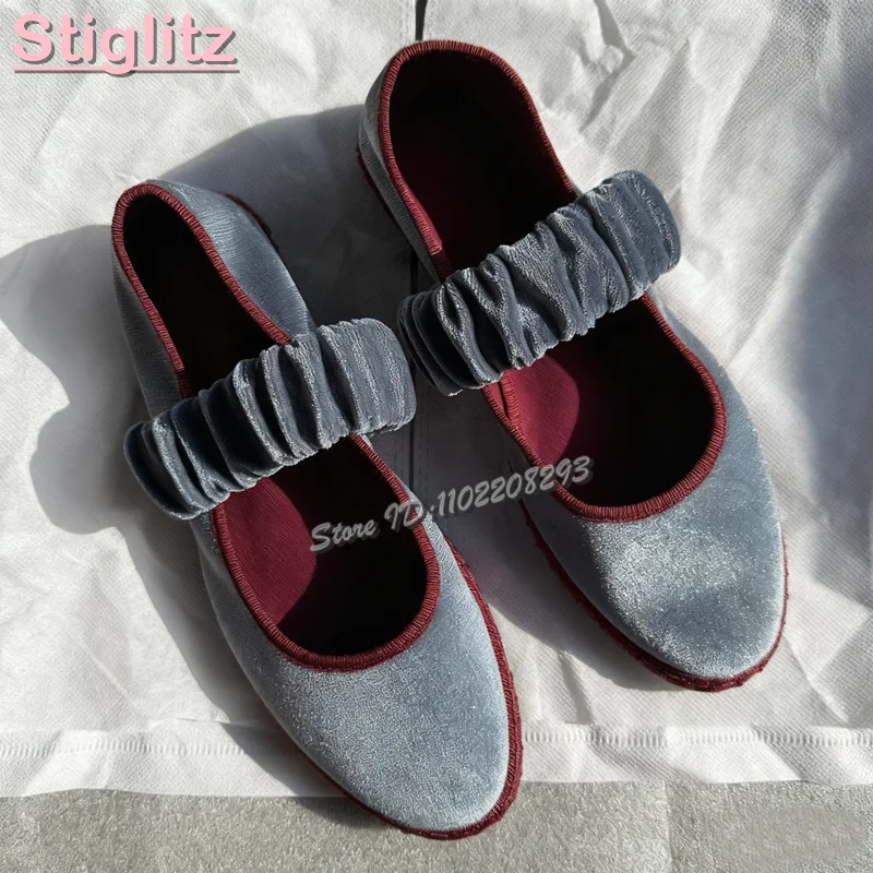 Blue Gray Velvet Round Toe Flats Ruffled Slip-on Elastic Band Mary Jane Ballet Shoes 2026 Spring New Women's Daily Casual Shoes