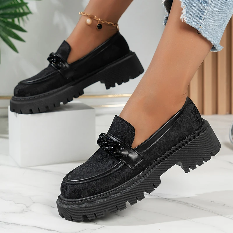 Women's Fashion Chain Decoration Loafers Slip On Soft Sole Office Work Shoes Woman Black Embroidered Platform Oxfords for Women