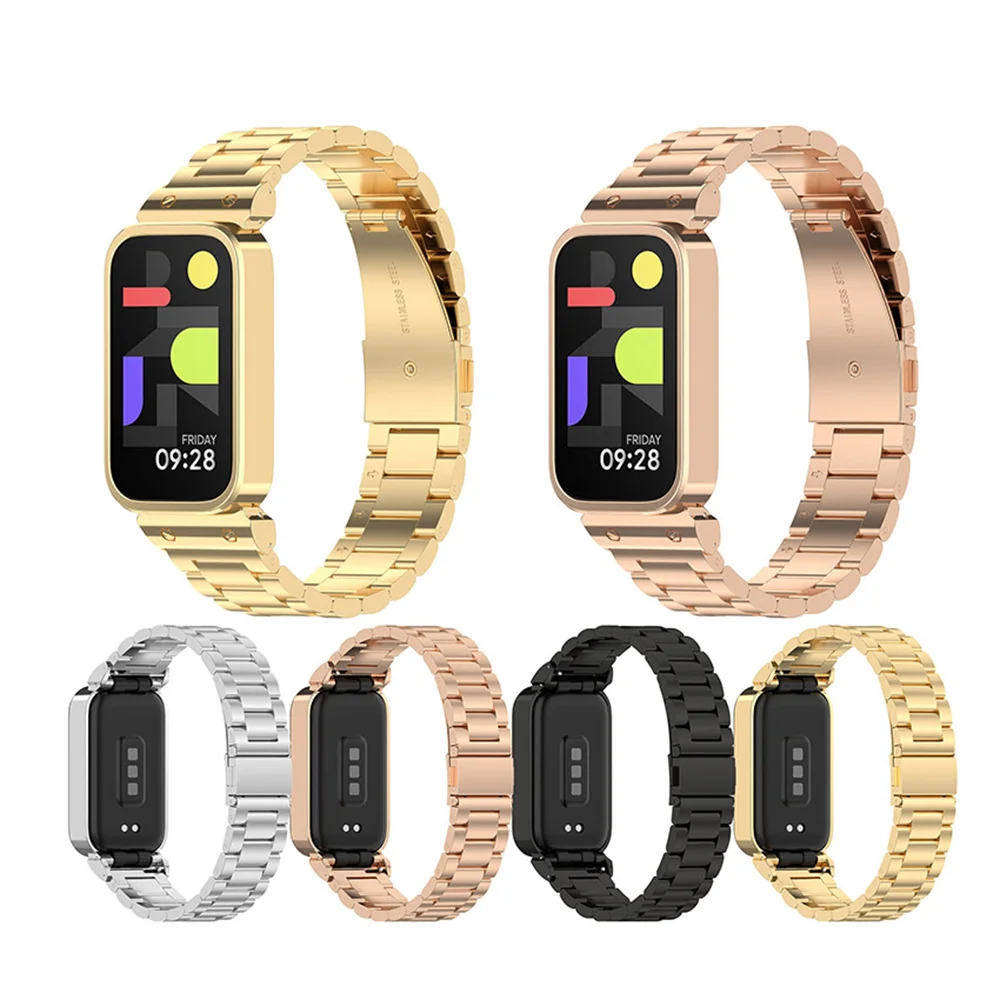 Universal Three-Bead Steel Watch Strap for MI Band9 Active for REDMI Band 3 Accessory Silver/Black/Gold/Rose Gold Watchband