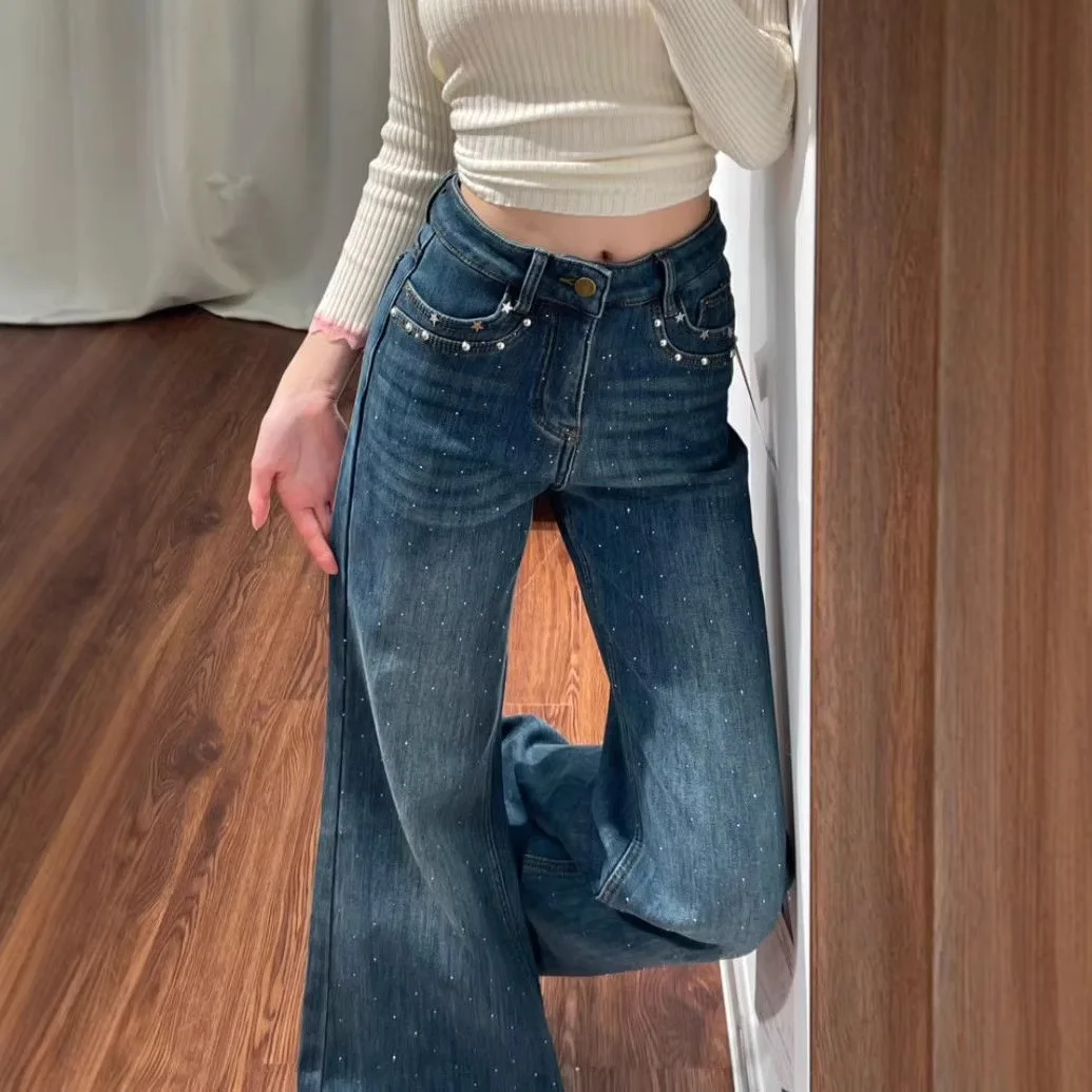 High Waisted Baggy Jeans Dark Blue Washed Denim Sparkling Rhinestone Detail Loose Straight Leg Full Length Casual Women's Jeans