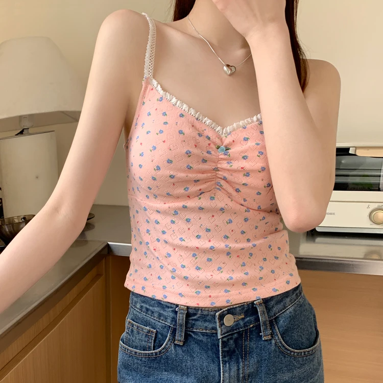 7colors 2024 Women Summer korean Chic style Camis Rose Bra Tops sleeveless Sweet Slim Breif Lace Patch Tank Tops womens(X3207)