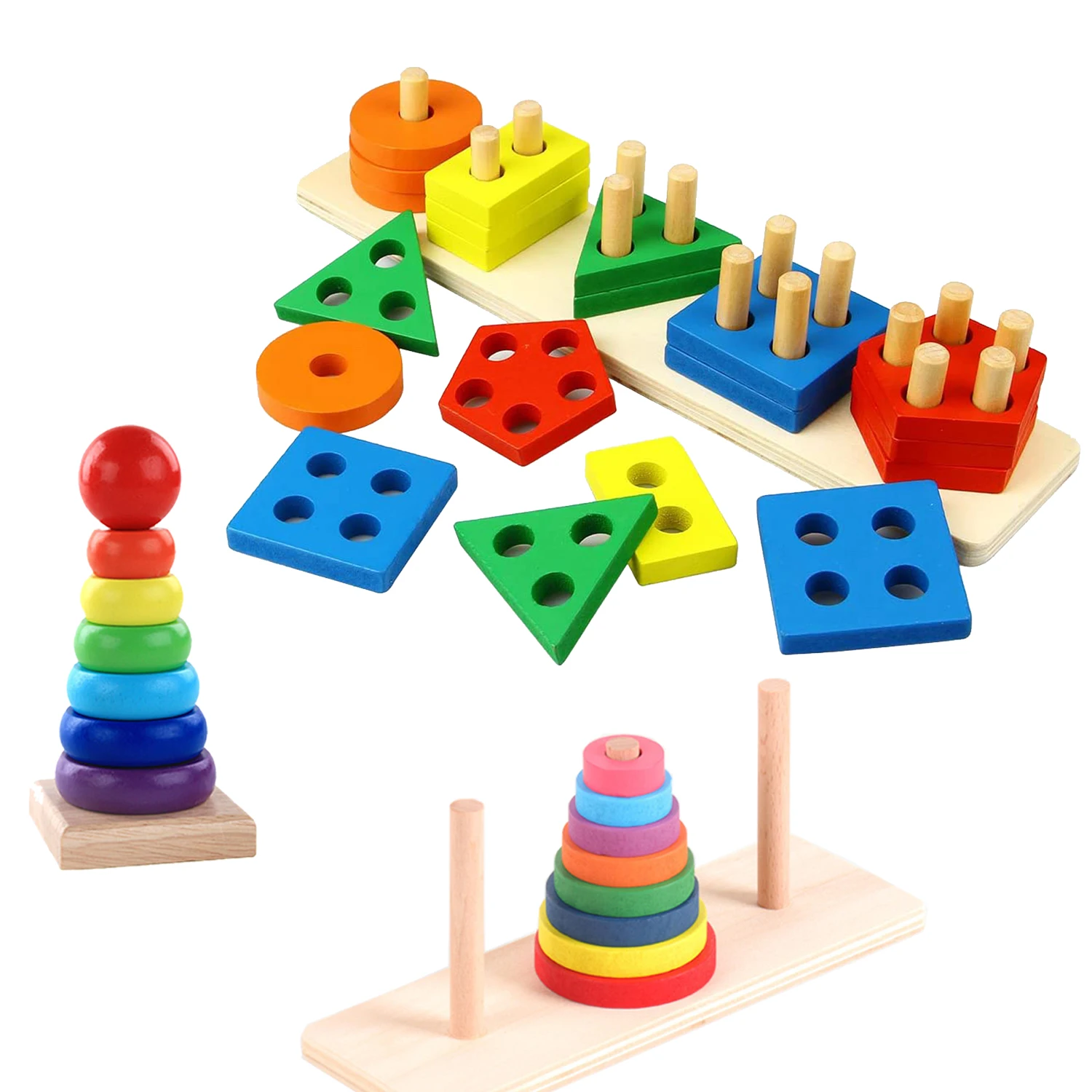 Baby Wooden Toys Rainbow Stacking Ring Tower Blocks Puzzle Toys Montessori Educational Color Shape Geometric Game Toys for Kids