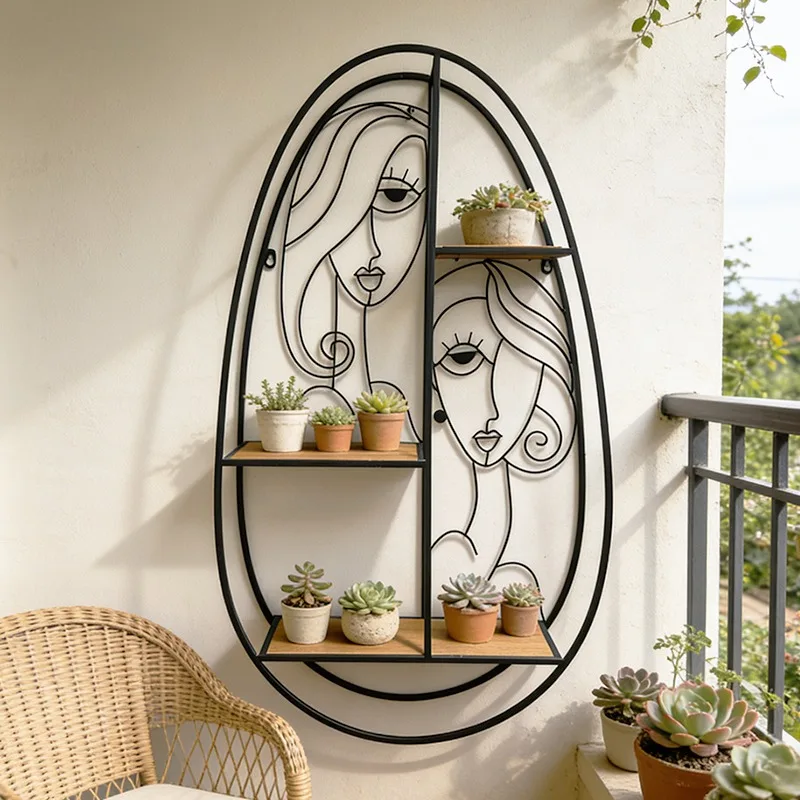 Abstract Face Line Art Oval Iron Wall Shelf 3-Tier Wall-Mounted Flower Pot Holder for Living Room & Entryway