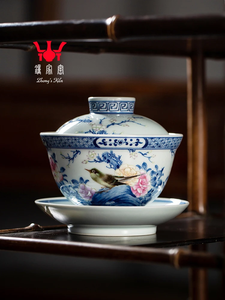 Zhongjia Kiln Ceramic Cover Bowl, Jingdezhen Famous Teacher Wan Haihua, Pure Hand Painted Blue White Fighter, Flower And